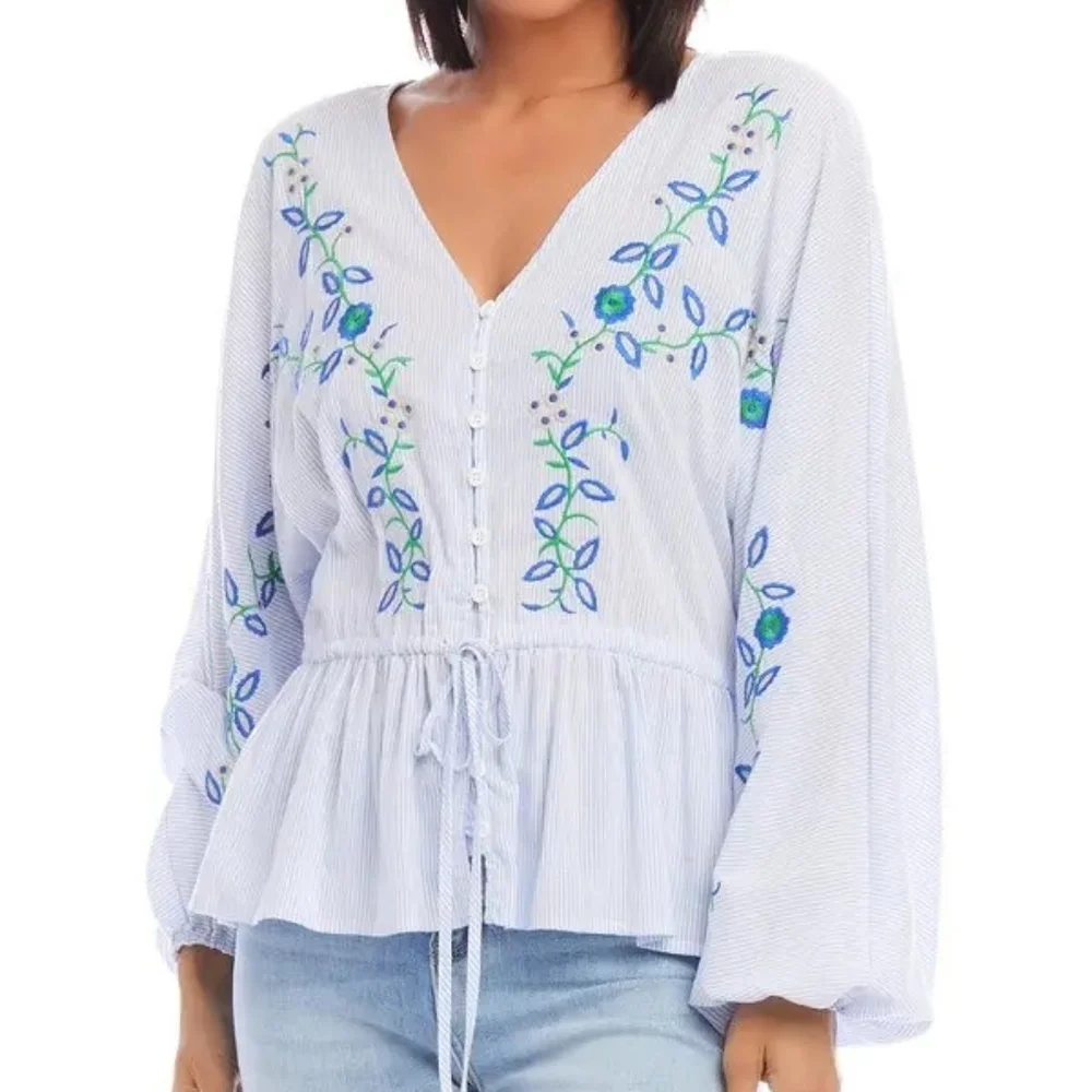 Karen Kane Embroidered Drawstring Top V-Neck Blouson Sleeve Top